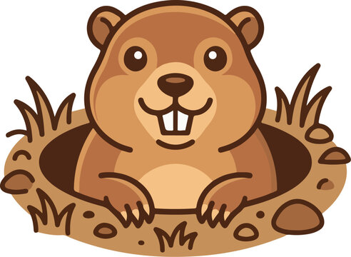 Groundhog popping out of hole, vector illustration of cute gopher mascot, marmot peaking from burrow, woodchuck character design, flat animal icon, groundhog day celebration symbol, garden pest 