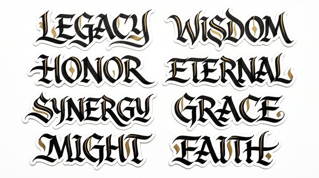 Gothic Calligraphy Sticker Set Featuring Motivational Words Legacy Wisdom Honor Eternal Synergy Grace Might and Faith in Black and Gold Medieval Style for Tattoo and Branding