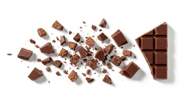 Irresistibly broken chocolate pieces scattered across a clean, bright surface, a delightful visual for any sweet treat advertisement.