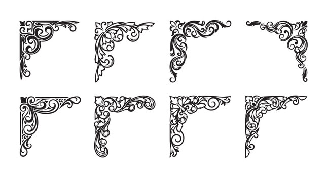 Ornate scrollwork corner elements in vintage style isolated on white background for decorative design