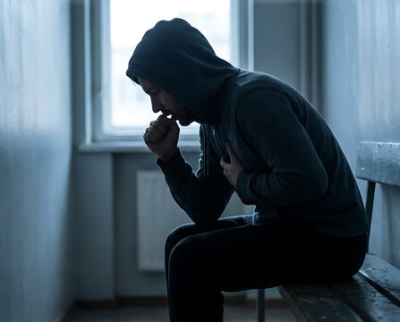 A somber scene featuring a man in a slate gray sweatshirt, his