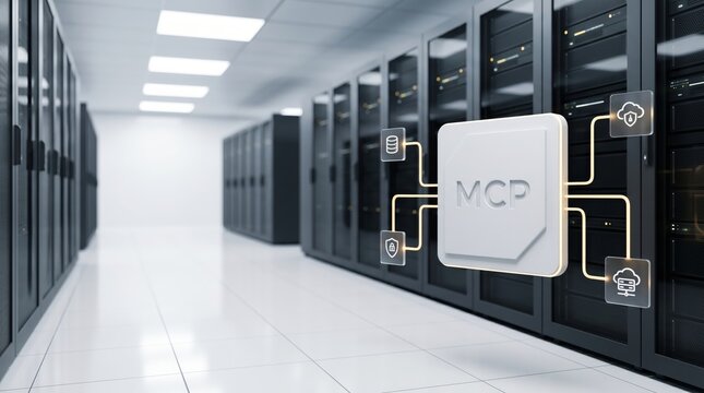 Enterprise server corridor with floating MCP server text and icon, protocol network cloud security interface