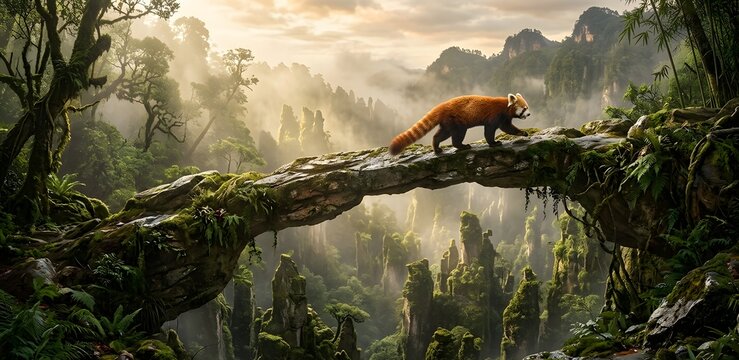 Red Panda on an Ancient Stone Arch in a Misty Cloud Forest
