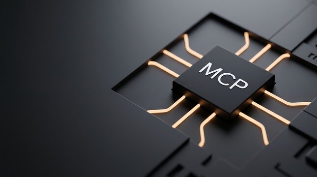 Macro AI chip with glowing MCP text, MCPserver, protocol network on dark processor board