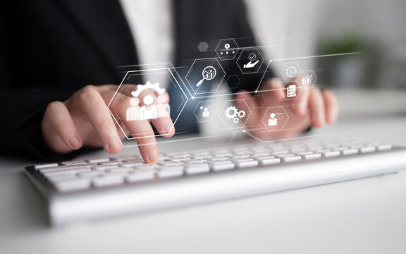 Business management system showing teamwork, productivity, and planning. Management supports goal, management tracks progress, management improves teamwork, and enhances productivity. Latch