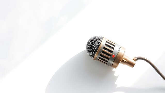 Vintage microphone isolated on white, top-down perspective with clean studio lighting.