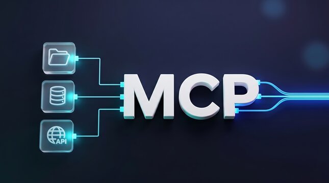 Frosted glass data input modules connecting to white MCP text, MCP server, protocol network flow schematic