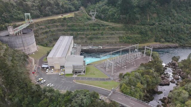 Aerial Wide Aratiatia Hydroelectric Power Station Switchyard New Zealand