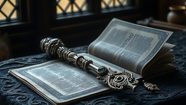 An ornate scepter and an old manuscript on dark cloth.