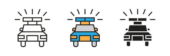 Plain Police Or Emergency Car Icon. Minimalist emergency police patrol car icon bundle with flashing siren lights in three graphic styles. © sunaerih