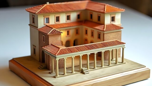 Miniature Roman villa model with atrium and terracotta roof on wooden base.