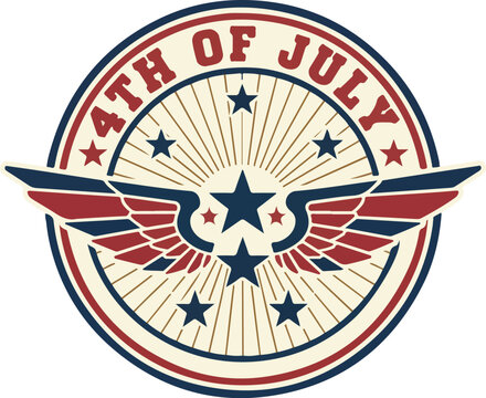 Vintage 4th of July patriotic circular emblem with wings and stars