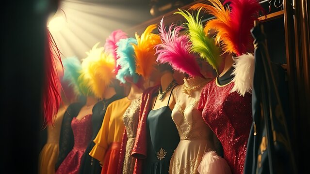 Backstage rack with colorful feather headdresses and sequined costumes in an old theater.