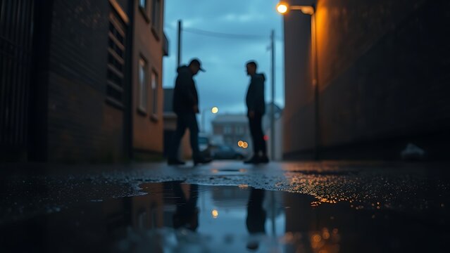 Rain-slicked alley at dusk, a puddle reflecting two blurred, opposing silhouettes.