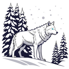 Obraz premium arctic wolf illustration with blue eyes standing beside snow covered pine trees vector graphic