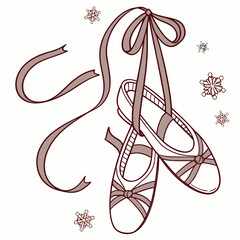 ballet shoes with satin ribbons and snowflake ornaments hand drawn line art illustration © RUJINA