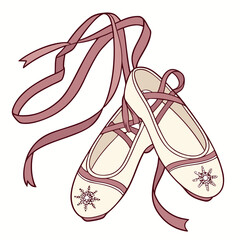ballet shoes with satin ribbons and snowflake details hand drawn illustration on white background © RUJINA