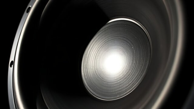 Close-up of subwoofer cone with motion blur under strobe light.