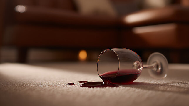 Spilled beverage on carpet with glassware and liquid stain, accident on soft floor, domestic mishap, close-up view at home