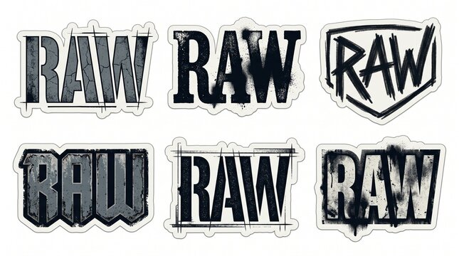 Set of Urban Grunge RAW Typography Stickers in Distressed Industrial Style, Black and White Graffiti Lettering Collection for Streetwear Brand Identity and Graphic Design