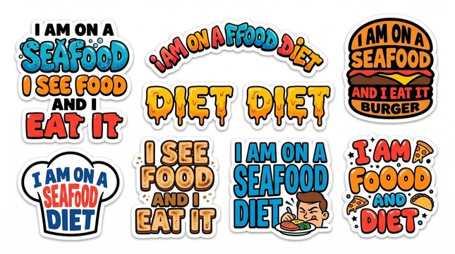 Collection of Funny Seafood Diet Stickers and Humorous Food Quotes, Cartoon Puns with Burger and Pizza Graphics, Creative Typography for Apparel and Decals on White Background