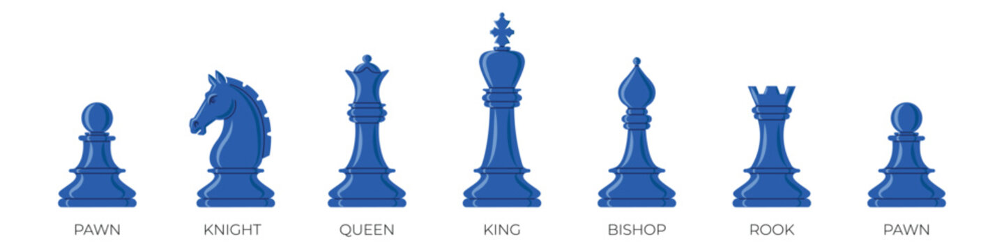 Complete set of blue chess piece icons in flat style. Includes king, queen, bishop, knight, rook, and pawn. Perfect for game design, strategy concepts, and educational materials.