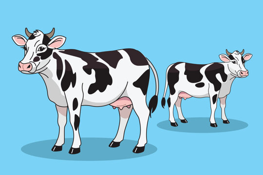 Cute black and white spotted dairy cow cartoon character. Flat vector illustration of a farm animal isolated for children's books, dairy product packaging, and educational materials.