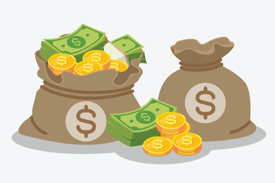 Sack of money icon with stacks of golden dollar coins and cash bills. Financial success, wealth, and banking concept vector illustration isolated on white background.