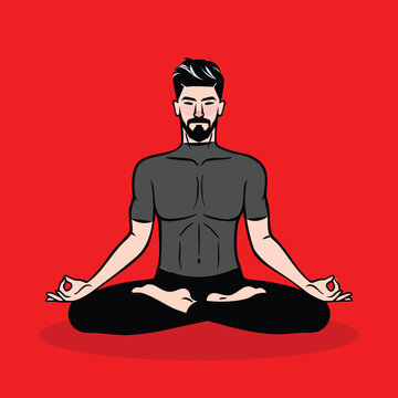 Minimalist flat vector illustration of a man sitting in lotus yoga pose. Concept for meditation, mindfulness, wellness, mental health, and zen lifestyle. Easy to edit on red background.
