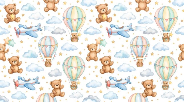 Cute Teddy Bears and Airplanes Seamless Pattern