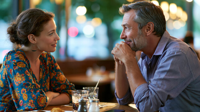 Awkward first date between mature adults at a small restaurant table, polite smiles and uncomfortable silence, capturing dating tension after 35 photorealistic mood