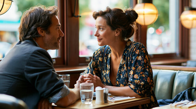 Awkward first date between mature adults at a small restaurant table with polite smiles and uncomfortable silence realistic after 35 photo
