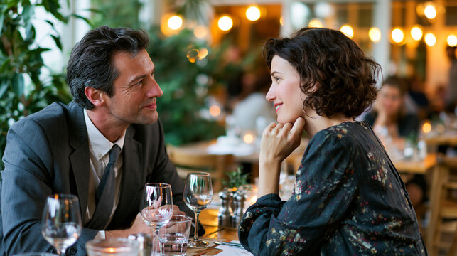 Awkward first date between two mature adults at a small restaurant table with polite smiles and uncomfortable silence photorealistic