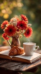 Steaming cup of coffee and a fresh croissant on an open book, vase of red gerbera daisies on a wooden table in a sunny garden. © Andrea