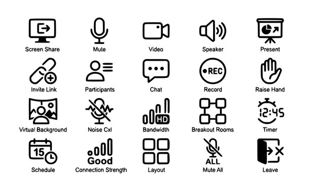 Online Meeting UI Icons Set Video Conference Controls Editable Stroke Vector Collection