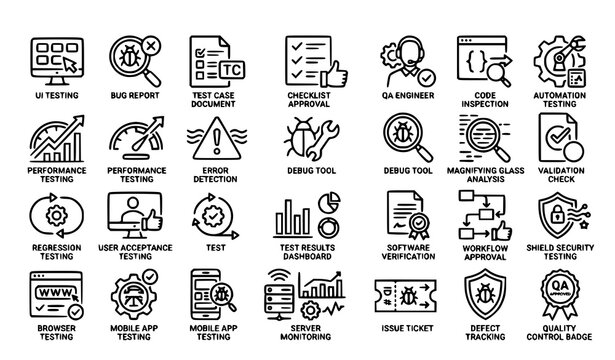 Quality Assurance Line Icons Set Software Testing Bug Report Editable Stroke Vector Collection