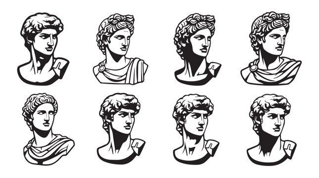 Classical sculpture busts in a linear pattern with varied shading and outline styles