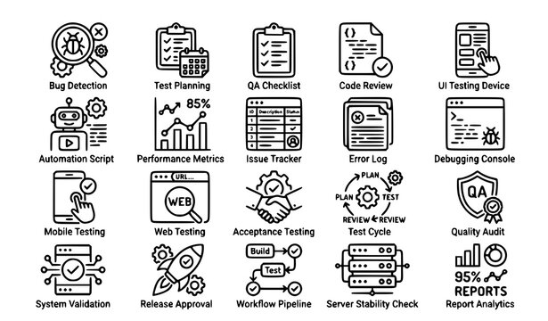 Software QA Testing Outline Icons Set Bug Tracking Quality Control Editable Stroke Vector Pack