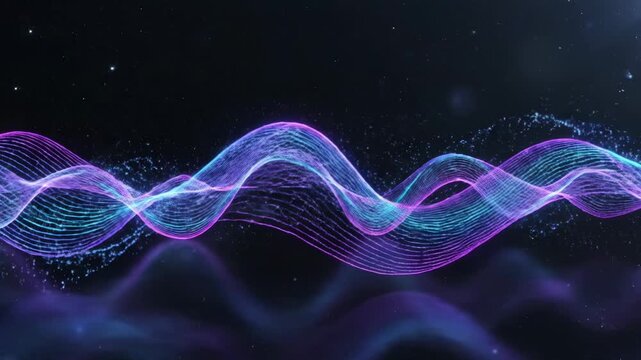 Abstract glowing neon sound wave pulsing through cosmic nebula with shimmering particles and ethereal light effects digital animation