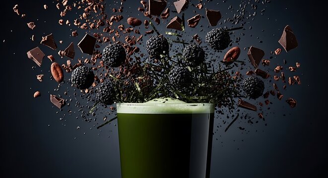 Glass of green matcha latte with chocolate explosion, matcha green tea drink with cocoa chunks 