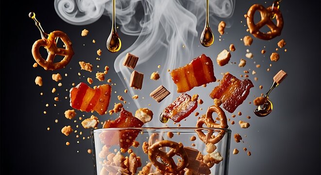 Smoking glass of beer with pretzels and bacon bits exploding into air, dark background