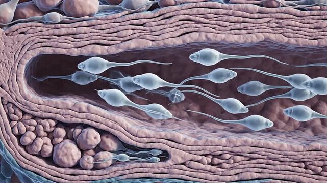 Microscopic View of Sperm Cells Swimming Through Tubular Structure in Human Reproductive Anatomy, Showing Biological Processes in Health and Fertility