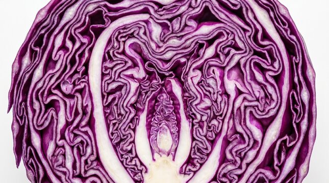 Cross-section of a purple cabbage, cut in half
