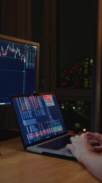 Trader man works at home using workstation and analysis stock chart. Workplace of crypto exchange broker. Global financial markets, business strategy, currency btc, investing. Laptop screen display