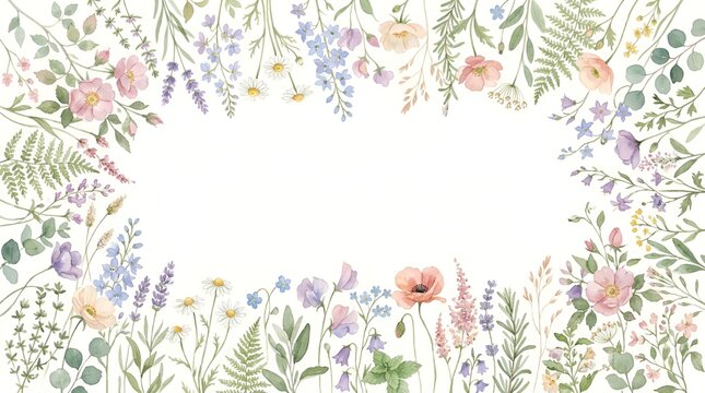 Watercolor Wildflowers Border - Pastel Spring Floral Frame for Design