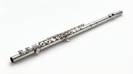 Obraz premium Elegant silver flute isolated on white background with professional musical instrument detail