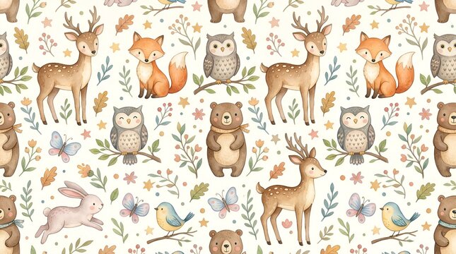 Cute Woodland Animals Seamless Pattern Watercolor Illustration