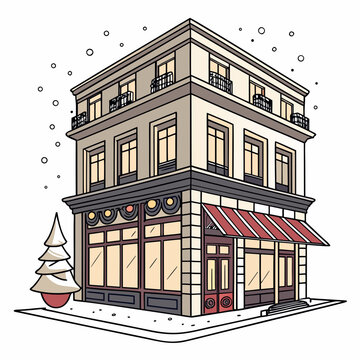 illustrated building with caf storefront and christmas tree festive winter scene