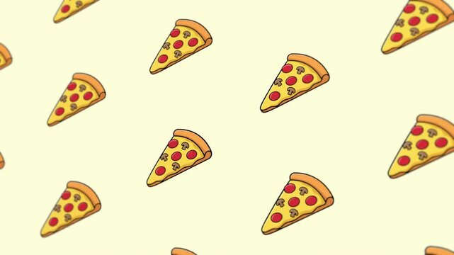Cartoon Pizza Slice Pattern Moving Diagonally Up Right, 2D Food Seamless Loop Background, Pepperoni and Mushroom Animation