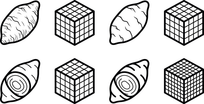 Sweet Potato and Grid Cube Educational Line Icon Set for Mathematical Volume Estimation Calculus Slicing and Irregular Shape Measurement Worksheets Vector Illustration